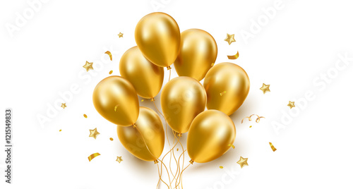 Vector happy birthday illustration with bunch of golden air helium balloon with star and confetti on white background. 3d realistic holiday template design of flying balloon for happy birthday card