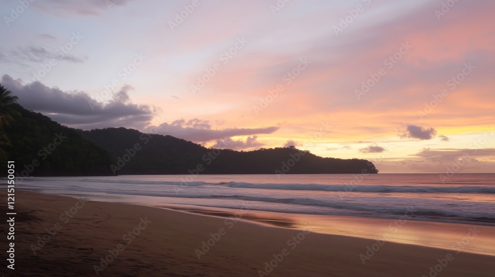 Obraz premium Tropical Beach with Soft Waves and Pastel Sunset Sky – Relaxing Coastal Landscape