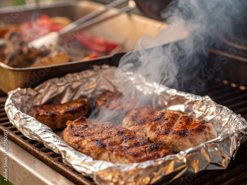 Juicy Grilled Meat in Foil Packet: Macro Photography of Delicious BBQ