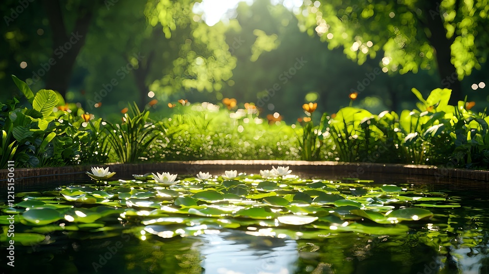 Serene Pond with Water Lilies Surrounded by Lush Greenery in Park Serene Pond with Water Lilies Surrounded by Lush Greenery in Park