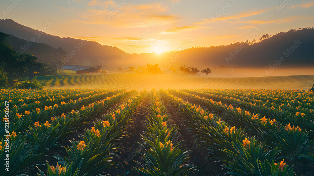 Φωτογραφία An orchid farm at sunrise, rows of colorful orchids stretching into the horizon,
