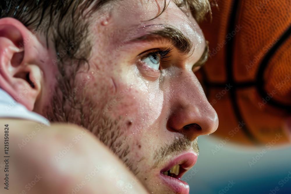 Obraz premium Intense athlete prepares for competition while holding a basketball close, drenched in sweat during a training session outdoors under bright sunlight