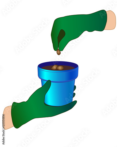 Planting a plant. Seeds are planted in a pot for seedlings - preparation for spring gardening. Hands in green garden gloves plant seeds in a flower pot - vector full color picture.	