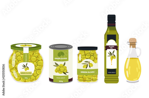 Olive product. Olive oil, fresh marinated olives in a jar, tin of green olives. Ingredient for cooking. Traditional Greek snack.