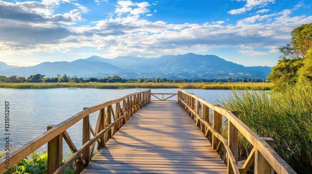 Naklejka premium Wooden boardwalk, lake view, mountain background, peaceful scene, travel