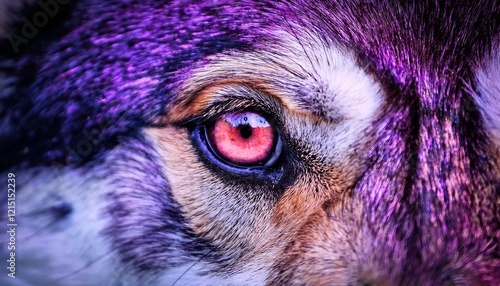 close up of a wolf s eye displaying striking purple hues against a blurred background photo