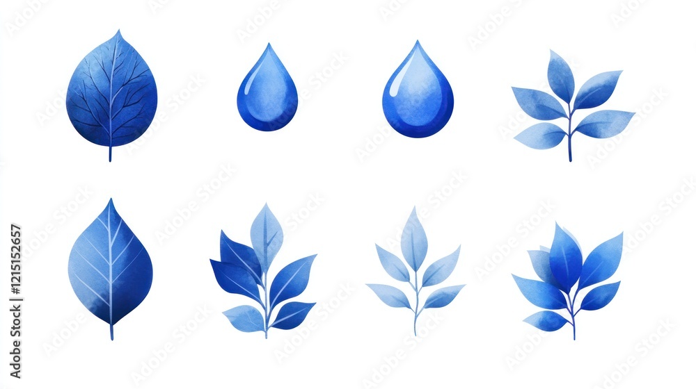 Blue leaves and water drops; nature design elements for eco-friendly projects Blue leaves and water drops; nature design elements for eco-friendly projects