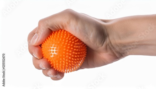 a hand squeezing an orange stress ball on a white background transparent photo