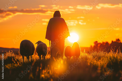 Panoramic photography man shepherd with his flock of sheeps in a coutryside field by sunset generative AI photo