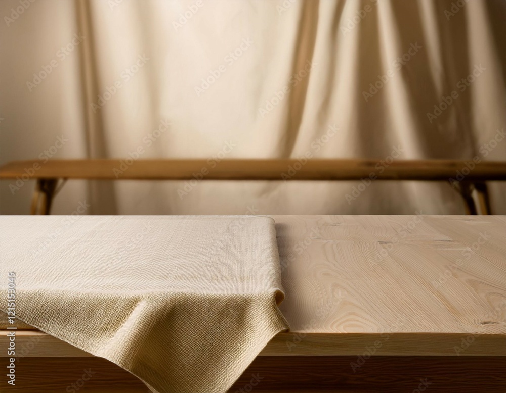 simple wooden table with beige textured tablecloth on display simple wooden table with beige textured tablecloth on display