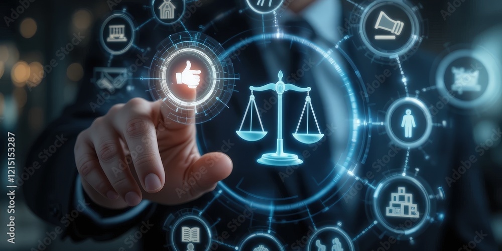 Legal Professional with Justice Icons. A suited legal professional touches virtual icons symbolizing law, justice, and legal services. business legislation, Notary public, legal advice online, Lawyer Legal Professional with Justice Icons. A suited legal professional touches virtual icons symbolizing law, justice, and legal services. business legislation, Notary public, legal advice online, Lawyer