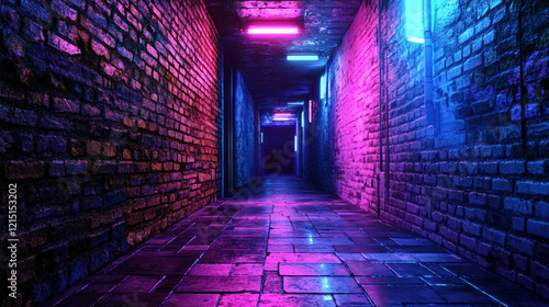 Neon Glowing Brick Alleyway  Cyberpunk Night  Urban Nightlife  Pink   Blue Lights