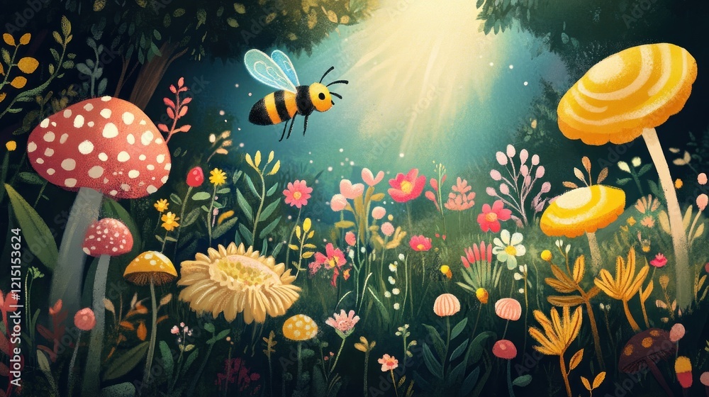 A dreamy illustration of a bee flying over a whimsical forest with colorful flowers and mushrooms A dreamy illustration of a bee flying over a whimsical forest with colorful flowers and mushrooms