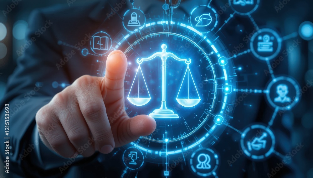 Legal Professional with Justice Icons. A suited legal professional touches virtual icons symbolizing law, justice, and legal services. business legislation, Notary public, legal advice online, Lawyer Legal Professional with Justice Icons. A suited legal professional touches virtual icons symbolizing law, justice, and legal services. business legislation, Notary public, legal advice online, Lawyer