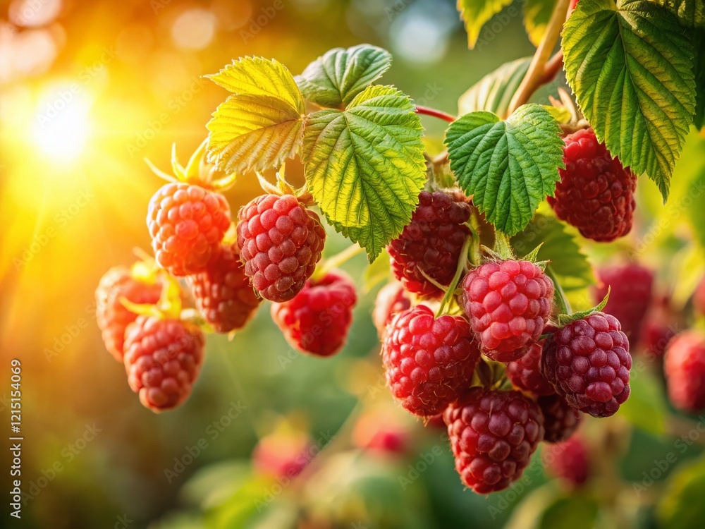 Juicy Ripe Raspberries on Branch in Summer Garden - Stock Photo Juicy Ripe Raspberries on Branch in Summer Garden - Stock Photo
