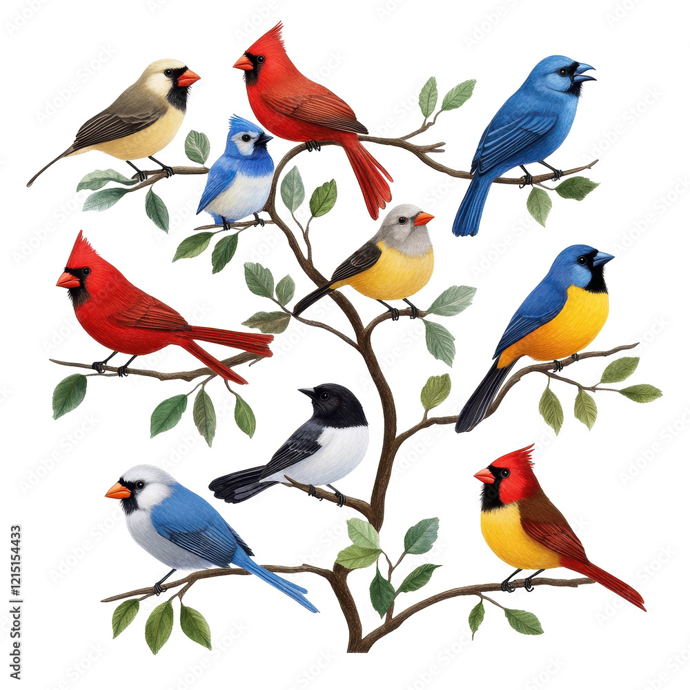 Colorful birds perched on a branch, showcasing vibrant plumage and natural beauty. transparent background Colorful birds perched on a branch, showcasing vibrant plumage and natural beauty. transparent background