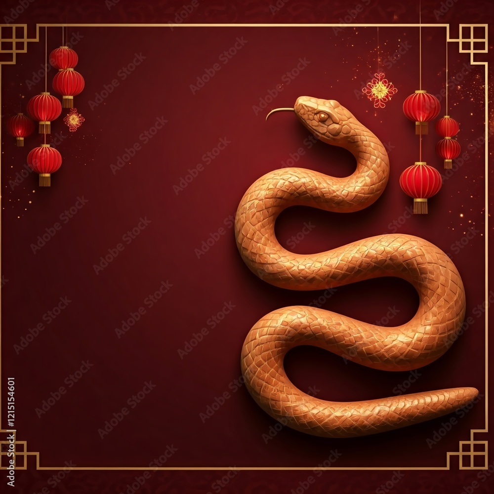 Stylized illustration of a golden snake with intricate patterns on a teal background, surrounded by bamboo and leaves. Perfect for Chinese New Year greetings, cultural designs, and festive branding. Stylized illustration of a golden snake with intricate patterns on a teal background, surrounded by bamboo and leaves. Perfect for Chinese New Year greetings, cultural designs, and festive branding.