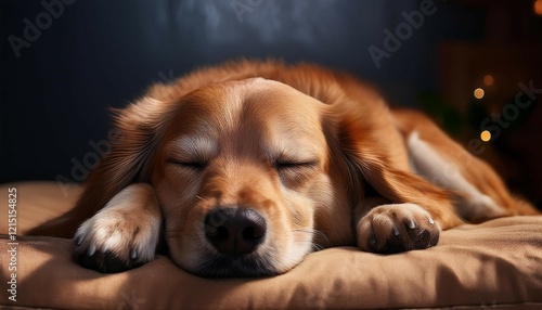 sleeping dog resting peacefully on soft surface photo