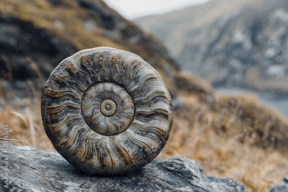 Ancient ammonite fossil rests on a rock, showcasing its intricate spiral structure against a blurred mountain backdrop. Ancient ammonite fossil rests on a rock, showcasing its intricate spiral structure against a blurred mountain backdrop.