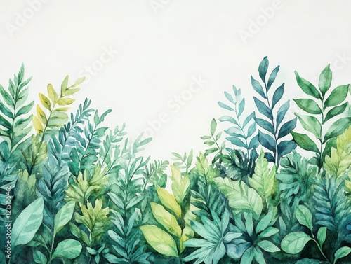 Watercolor painting showcasing a data jungle with lush greenery symbolizing growth and opportunities in marketing research photo