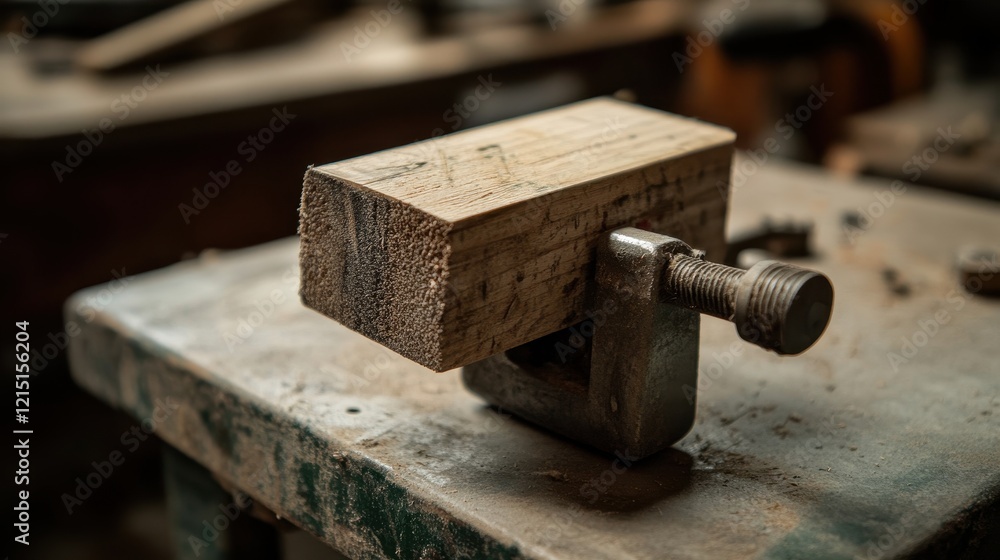 Wooden Block in Workshop with Clamp Wooden Block in Workshop with Clamp