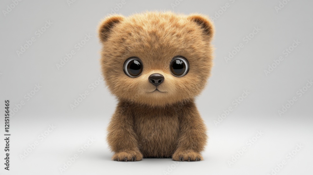 Fototapeta premium Adorable fluffy bear cub with big eyes sitting on gray background