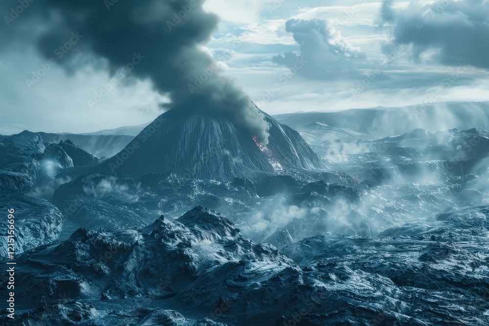 Majestic volcanic eruption at sunset over rugged landscape with flowing lava and dark clouds Majestic volcanic eruption at sunset over rugged landscape with flowing lava and dark clouds