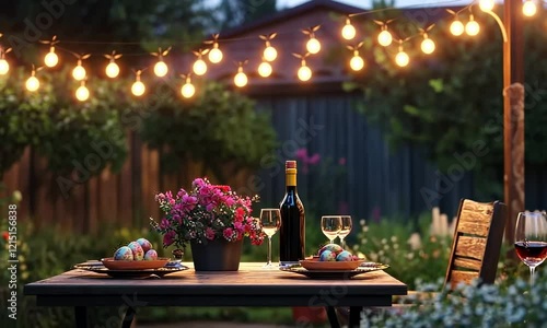 Romantic Easter evening under string lights in a backyard garden, a table set for two with fresh flowers and a bottle of wine