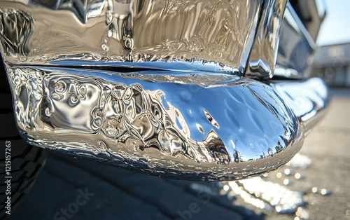 Shiny chrome surface with distorted reflections in close-up photo