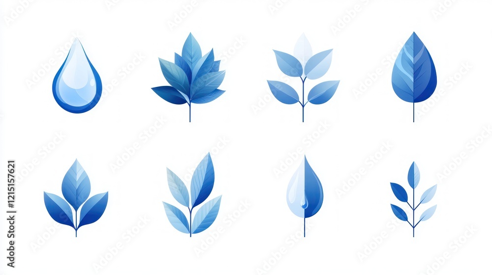 Blue leaf and water drop icons; nature, ecology, design elements; white background; website, app design Blue leaf and water drop icons; nature, ecology, design elements; white background; website, app design