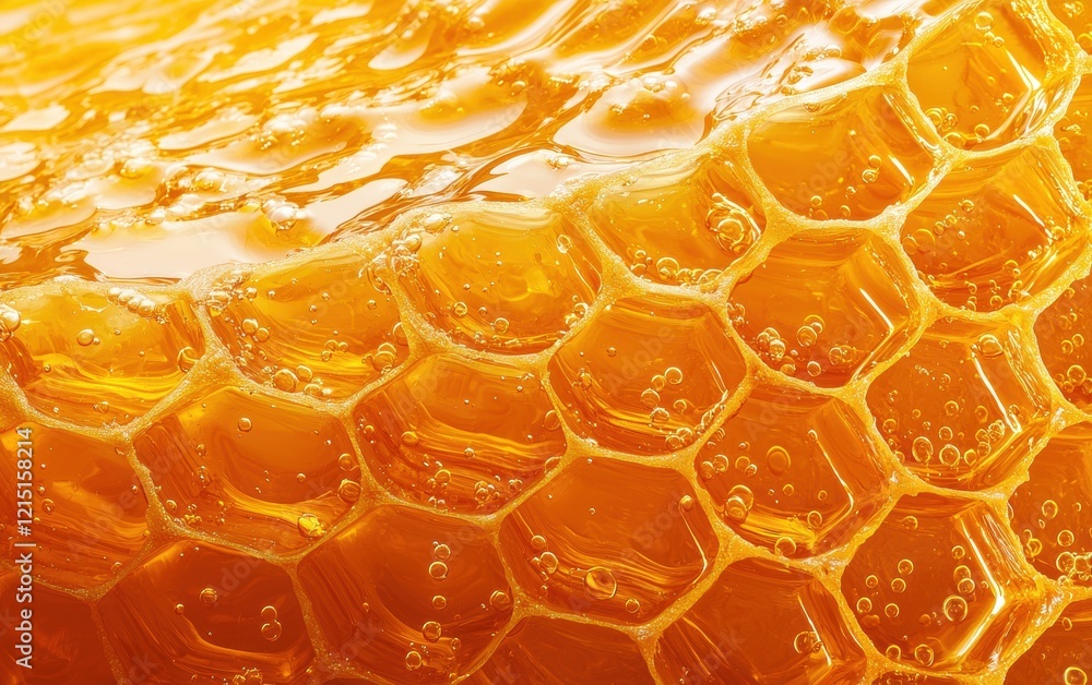 Thick golden honey with air bubbles, rich texture and reflections Thick golden honey with air bubbles, rich texture and reflections