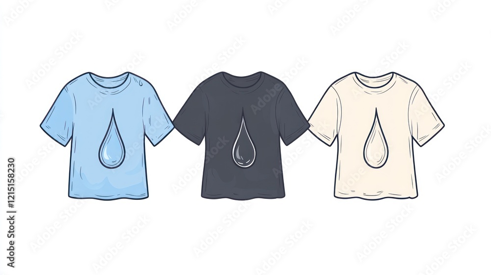 Three t-shirts with water drop design; apparel, clothing, fashion, illustration, background white Three t-shirts with water drop design; apparel, clothing, fashion, illustration, background white