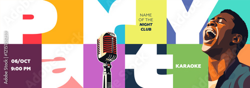 Modern karaoke party poster with brutalist elements showcasing nightlife vibes, colorful lights and vocal performance. Ideal for clubs, events and entertainment promotions with stylish touch.