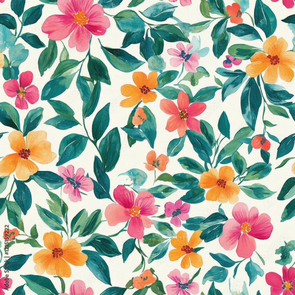 A vibrant watercolor seamless pattern featuring tiny tropical flowers in hot pink, coral, and bright orange, paired with lush teal and emerald green leaves for an exotic and lively feel A vibrant watercolor seamless pattern featuring tiny tropical flowers in hot pink, coral, and bright orange, paired with lush teal and emerald green leaves for an exotic and lively feel