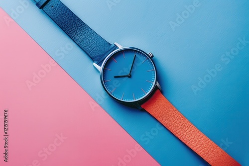 Colorful contemporary watch displayed on vibrant background with contrasting geometric shapes in a modern setting photo