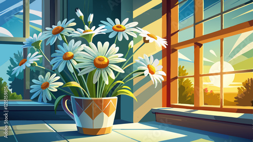 Sunlit daisies in white vase on windowsill