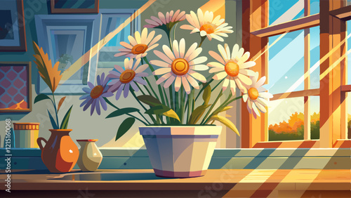 Sunlit daisies in white vase on windowsill