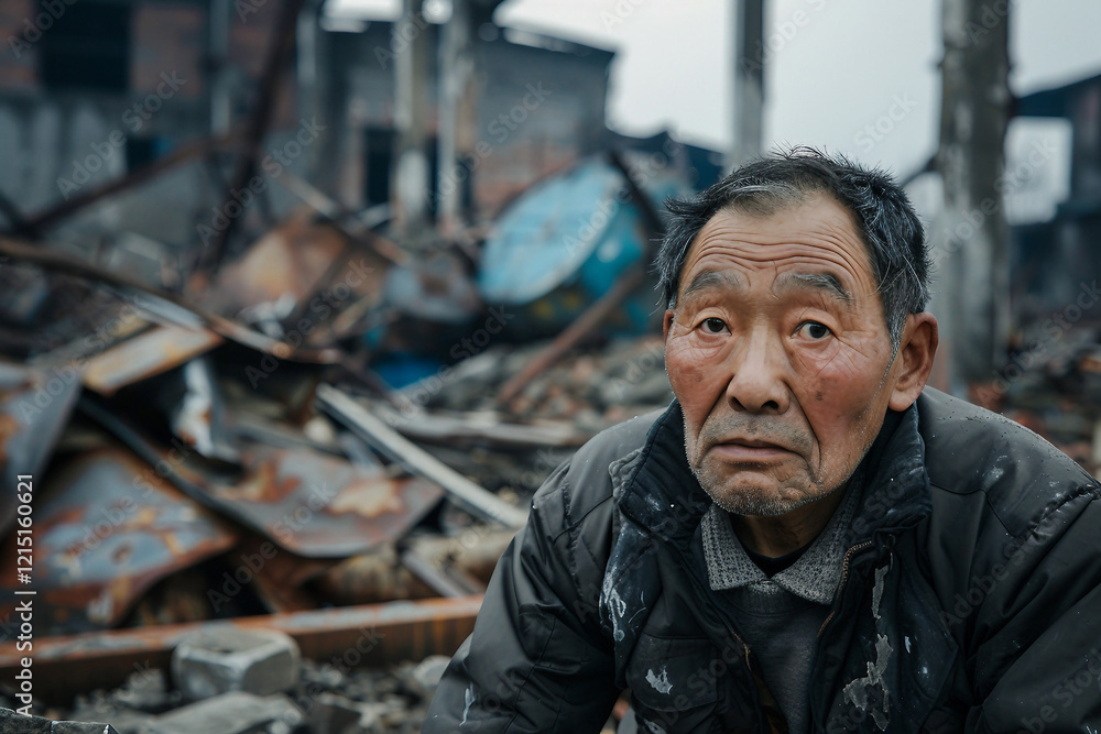 Generative AI illustration of man in town demolished by earthquake Generative AI illustration of man in town demolished by earthquake