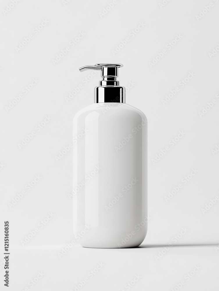 White bottle with pump on a minimalistic background White bottle with pump on a minimalistic background