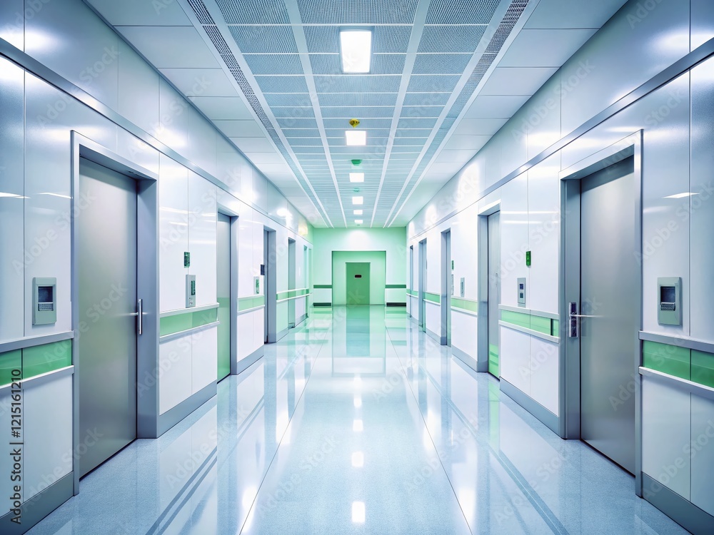 Naklejka premium Modern Hospital Corridor, Bright White Interior, Clean Medical Facility, Sterile Hallway, Healthcare Architecture