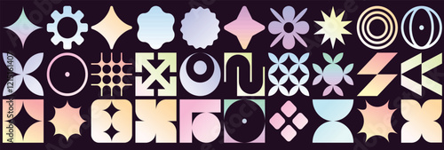 Set of Brutalist abstract geometric shapes and grids. Brutal contemporary gradient figure star, oval spiral flower, and other primitive elements. Bauhaus
