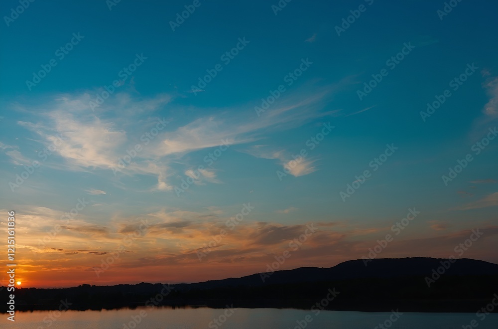 A serene sunset lights up the sky over tranquil waters, enriching the atmosphere with colors A serene sunset lights up the sky over tranquil waters, enriching the atmosphere with colors