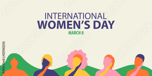 International Women's Day banner concept. Vector flat modern illustration of five women's figures of different races and nationalities supporting each other