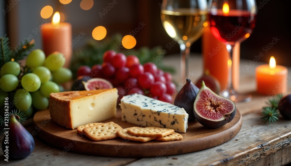 Cozy cheese, wine platter with grapes figs, crackers. Warm candlelight creates inviting ambiance. Festive decor adds charm. Perfect for winter gathering holiday celebration. Artisanal cheeses, wines Cozy cheese, wine platter with grapes figs, crackers. Warm candlelight creates inviting ambiance. Festive decor adds charm. Perfect for winter gathering holiday celebration. Artisanal cheeses, wines