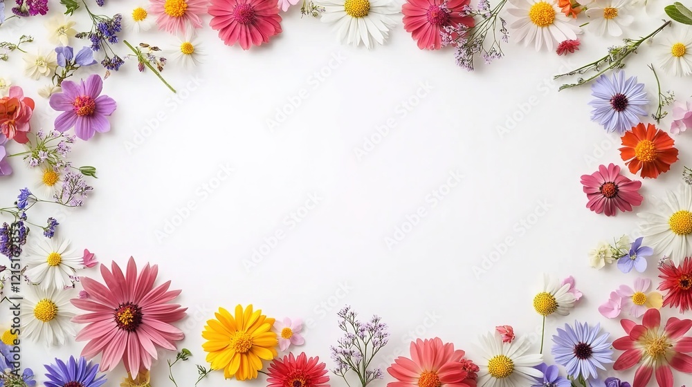 Colorful wildflowers arranged in a circular pattern on a white background with empty space for text or design, top view. Colorful wildflowers arranged in a circular pattern on a white background with empty space for text or design, top view.