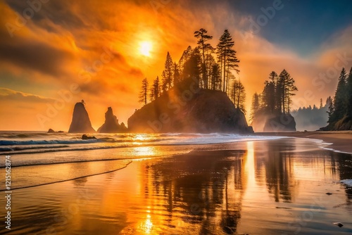 La Push Sunset: Smoky Second Beach Glow, Olympic National Park, Washington State photo