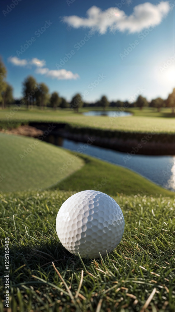A Golf Ball in focus in the foreground with Golf Green, Grass and Water in the background, Vertical Portrait in 9:16 Ratio A Golf Ball in focus in the foreground with Golf Green, Grass and Water in the background, Vertical Portrait in 9:16 Ratio