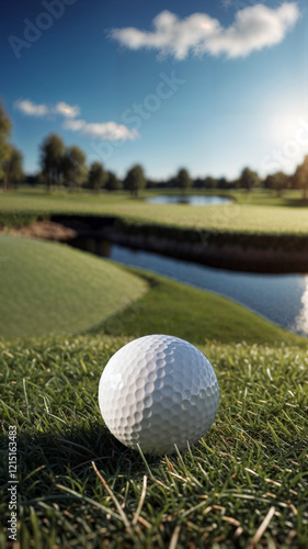 A Golf Ball in focus in the foreground with Golf Green,  Grass and Water in the background, Vertical Portrait in 9:16 Ratio