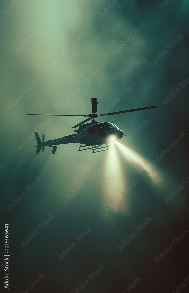a helicopter flying over and shining a spotlight a helicopter flying over and shining a spotlight