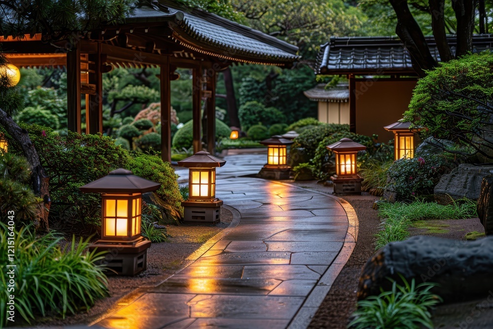 Serene garden path illuminated by lanterns under a tranquil evening sky in a beautiful park setting Serene garden path illuminated by lanterns under a tranquil evening sky in a beautiful park setting